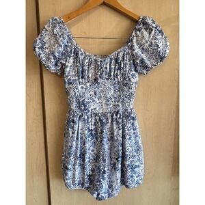 Hollister Blue Floral boho off Shoulder Girls XS X-Small Lined Romper Stretchy